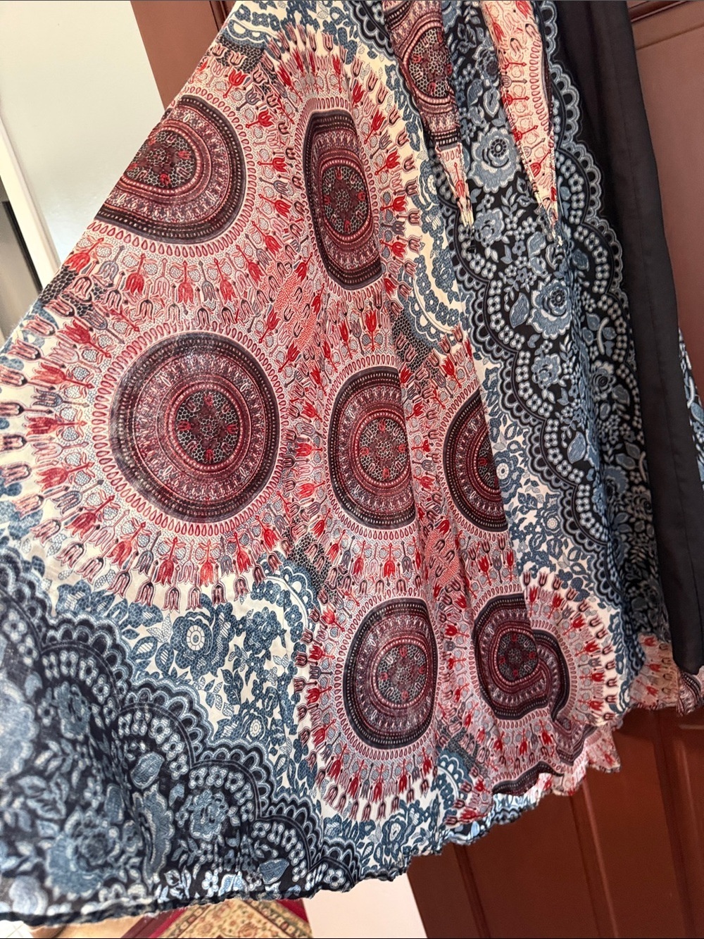 Boho Maxi Skirt in Navy, Red & Cream with Smocked Waist - Picture 3 of 5